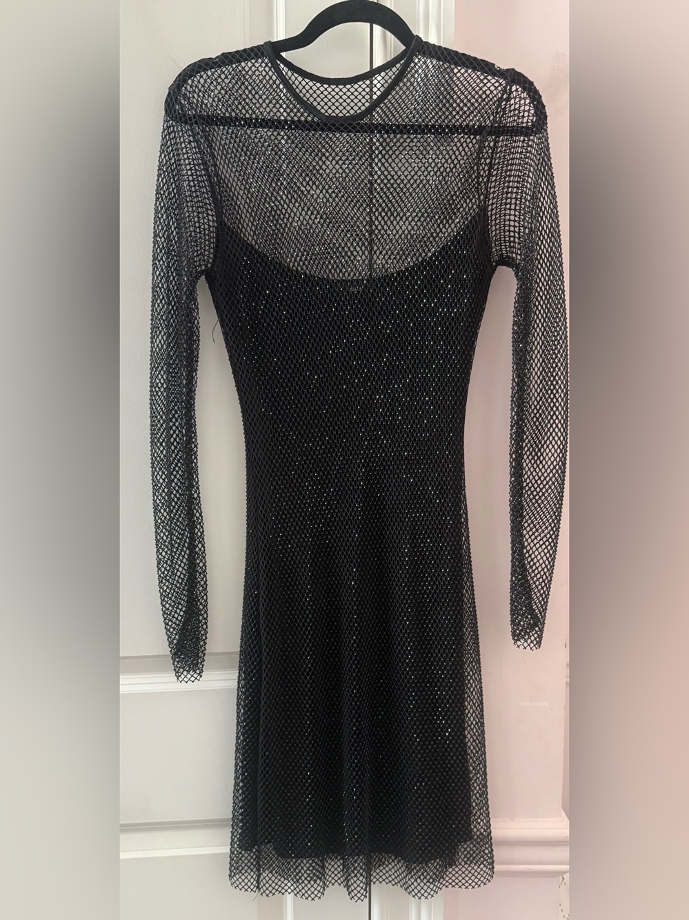 Aqua Black Rhinestone Fishnet Overlay Dress Size S